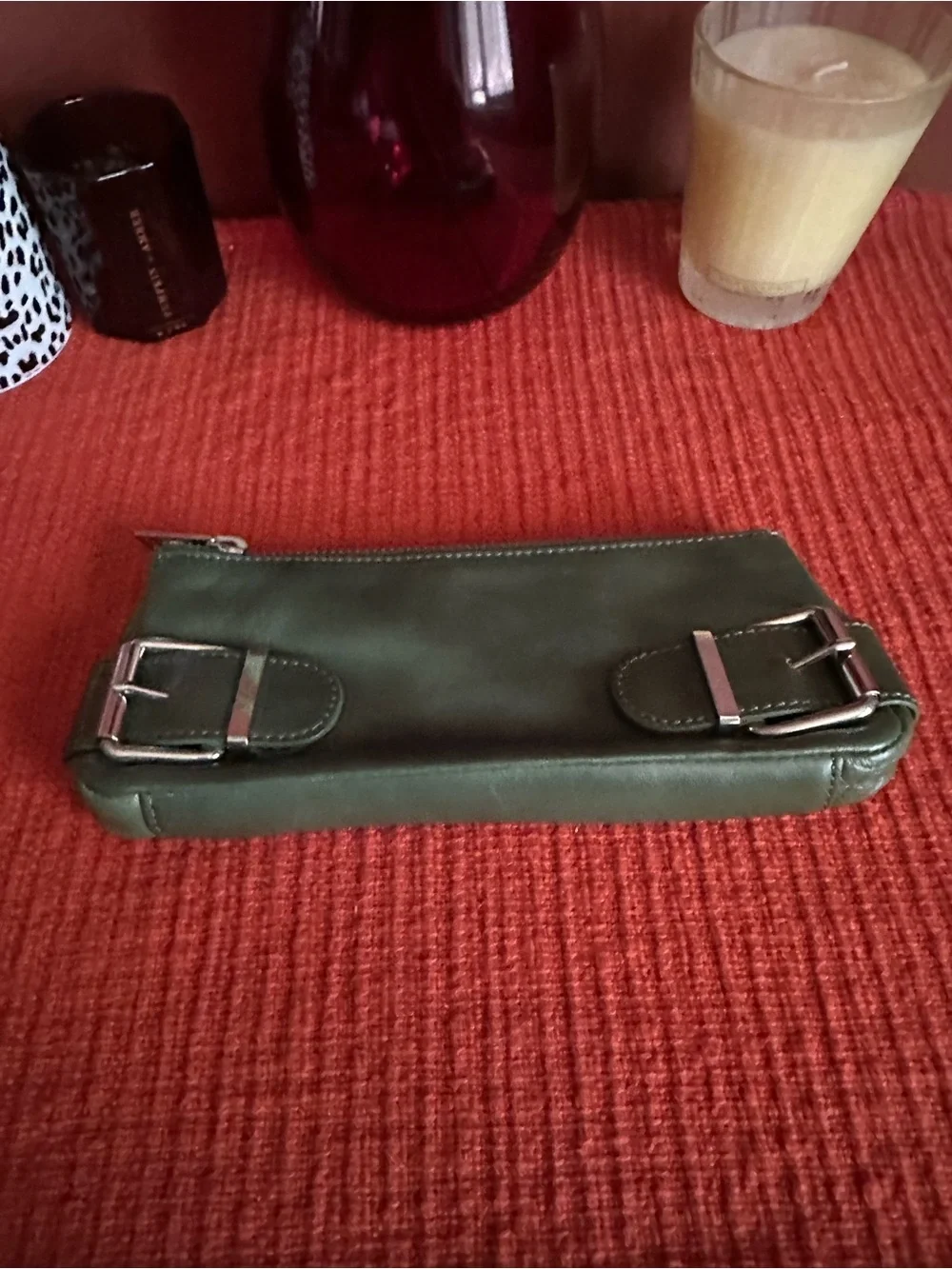 Vintage Green Leather Wristlet Clutch - Sleek Buckle Detail
